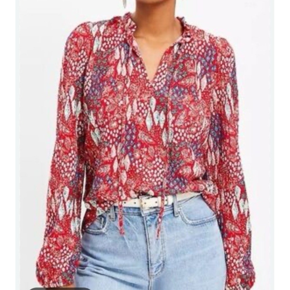 Ann Taylor Loft Red Colorful Floral Long Sleeve Blouse Front Neck Tie Medium